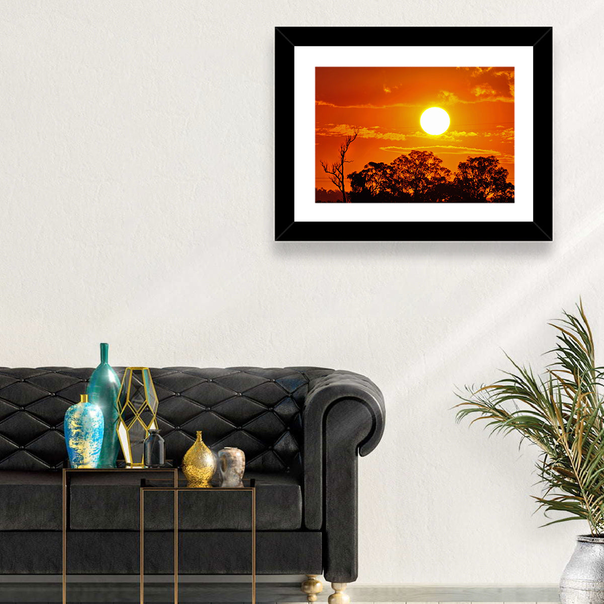 Burning Sun Over Tree Silhouettes Wall Art in a room, landscape