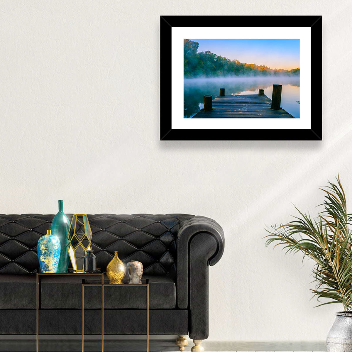 Misty Dock, Mt Saint Francis Wall Art in a room, landscape