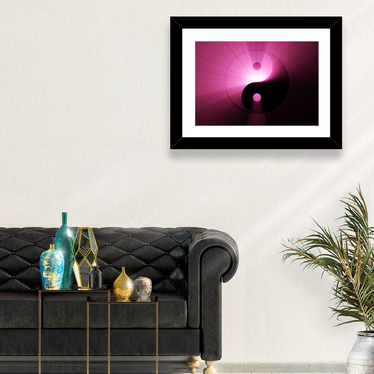 Magenta Yin Yang Symbol Wall Art in a room, landscape