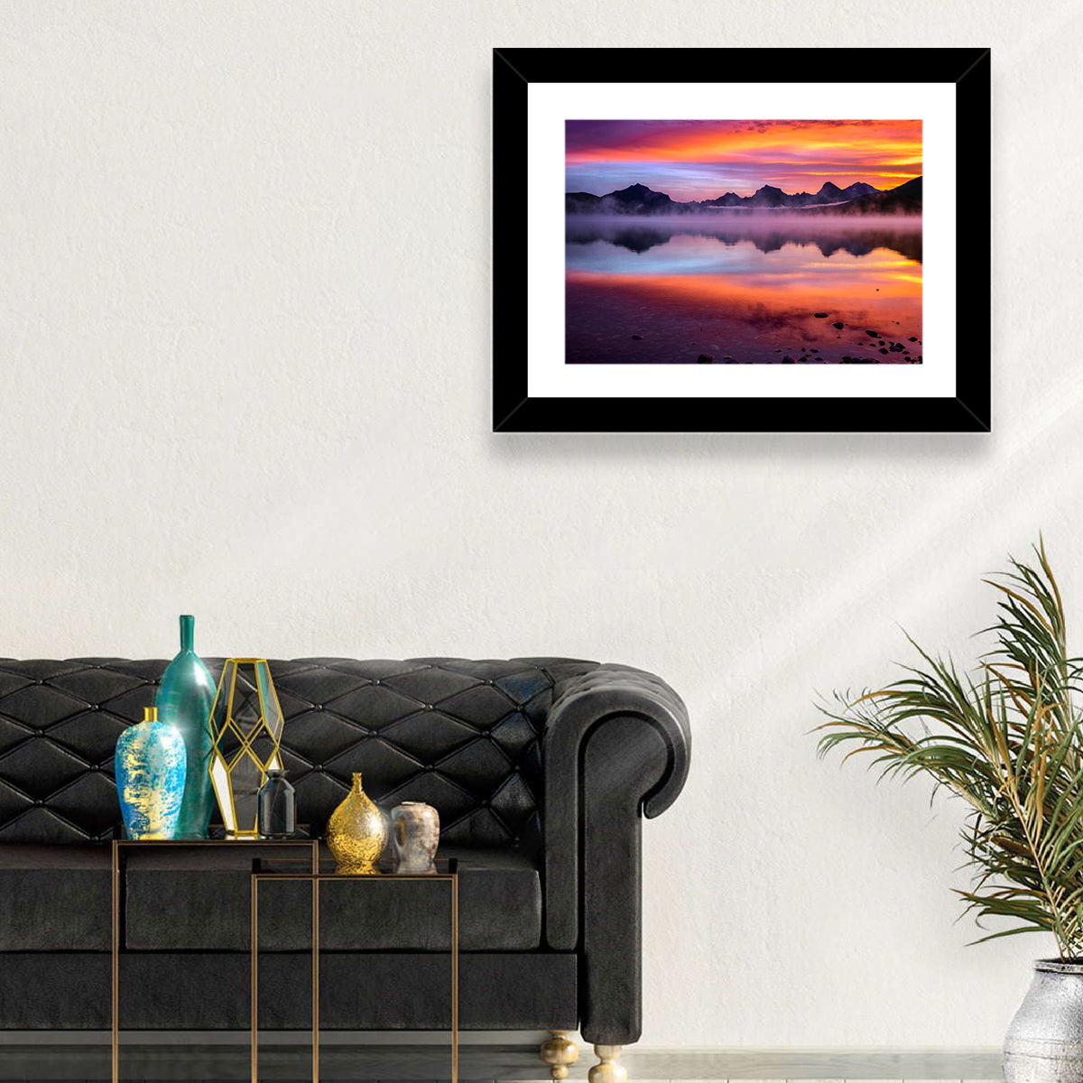 Lake Mcdonald Misty Sunset Wall Art in a room, landscape