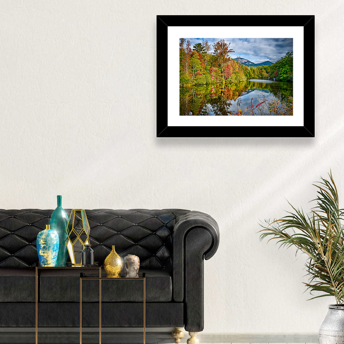 Lake Jocassee Autumn Reflection Wall Art in a room, landscape