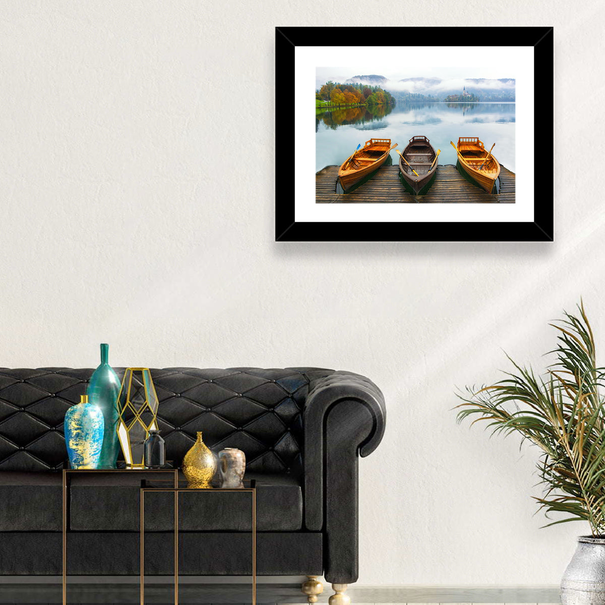 Moored Boats on Misty Lake Bled Wall Art in a room, landscape