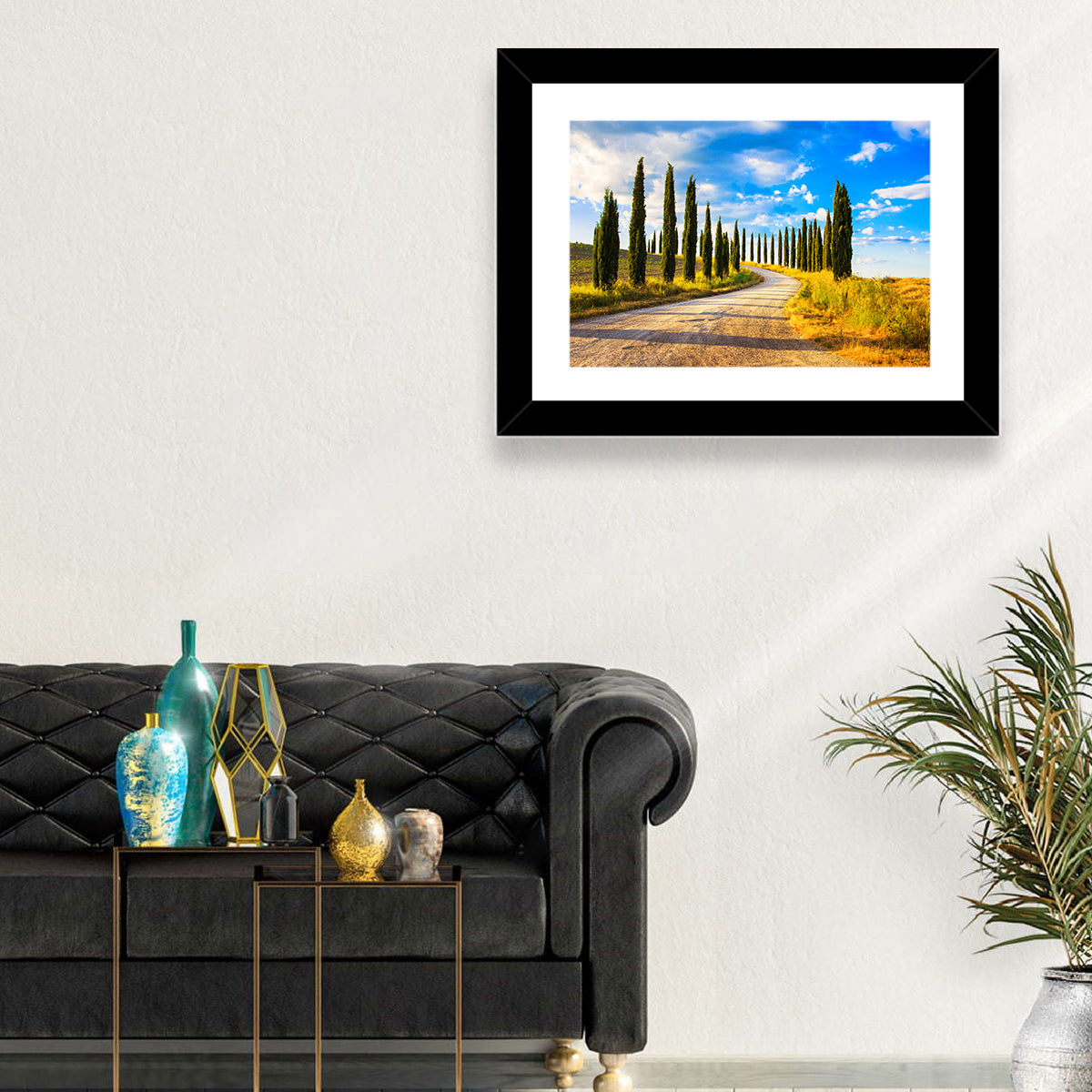 Sunlit Tuscany Cypress Road Wall Art in a room, landscape