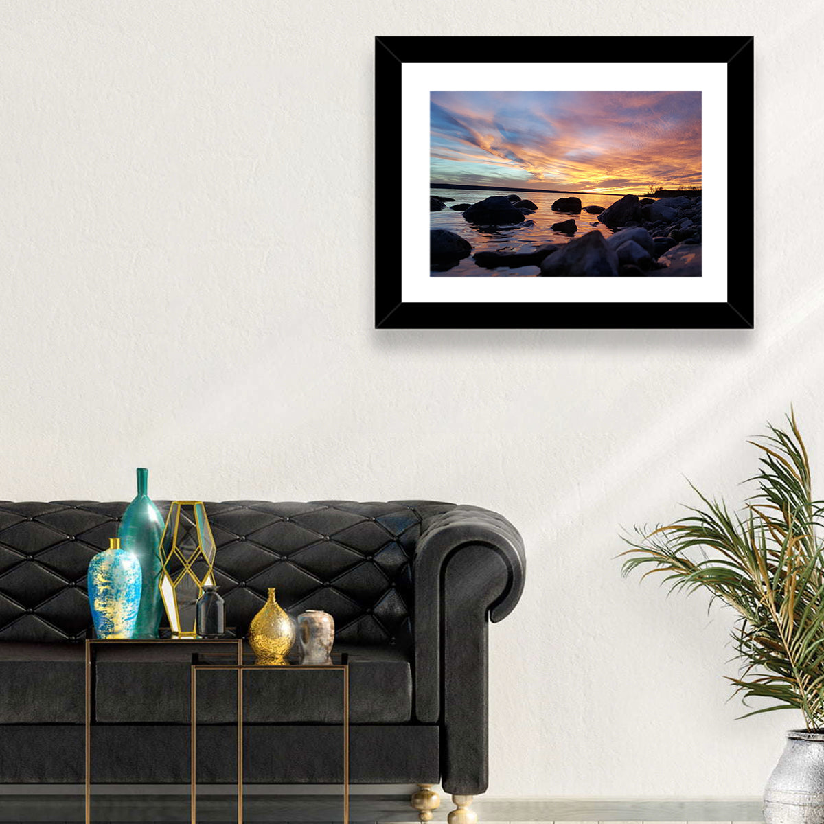 Lake Sakakawea Sunset Wall Art in a room, landscape