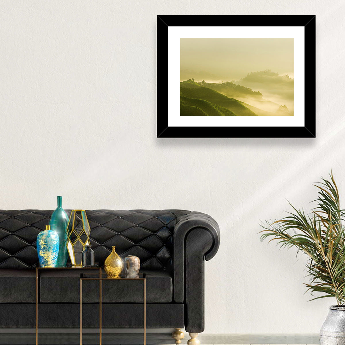Tea Plantation Morning Mist Wall Art in a room, landscape
