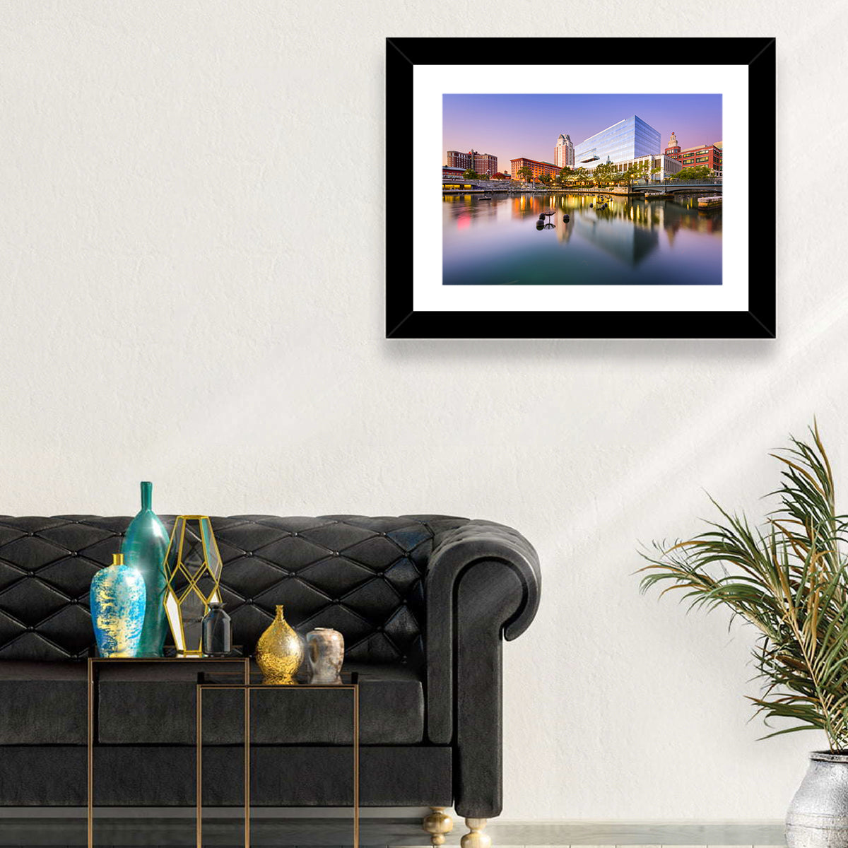 Providence River Skyline at Twilight Wall Art in a room, landscape