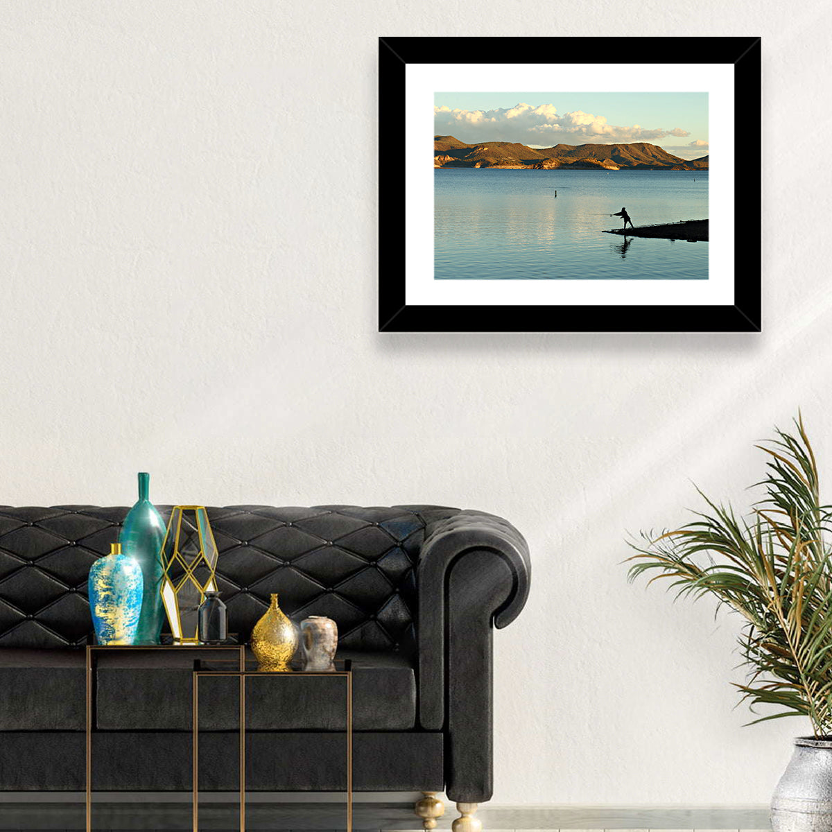 Lake Pleasant Fisherman Silhouette Wall Art in a room, landscape