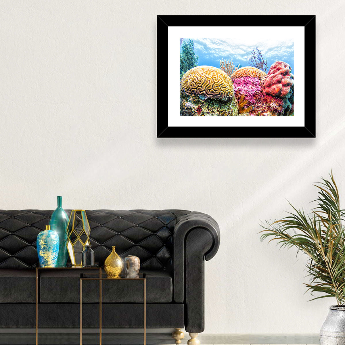Vibrant Brain Coral Reef Wall Art in a room, landscape