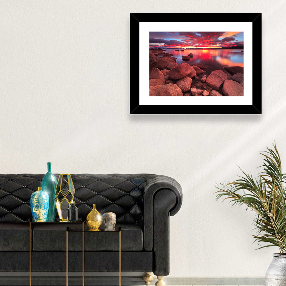 Lake Tahoe Sunset Reflection Wall Art in a room, landscape