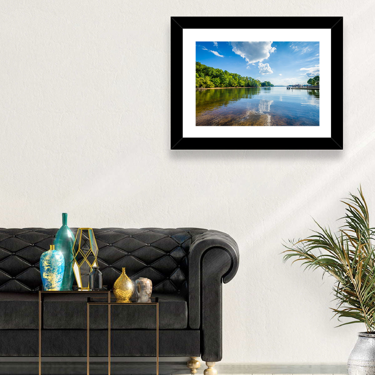 Lake Norman Dockside Reflection Wall Art in a room, landscape