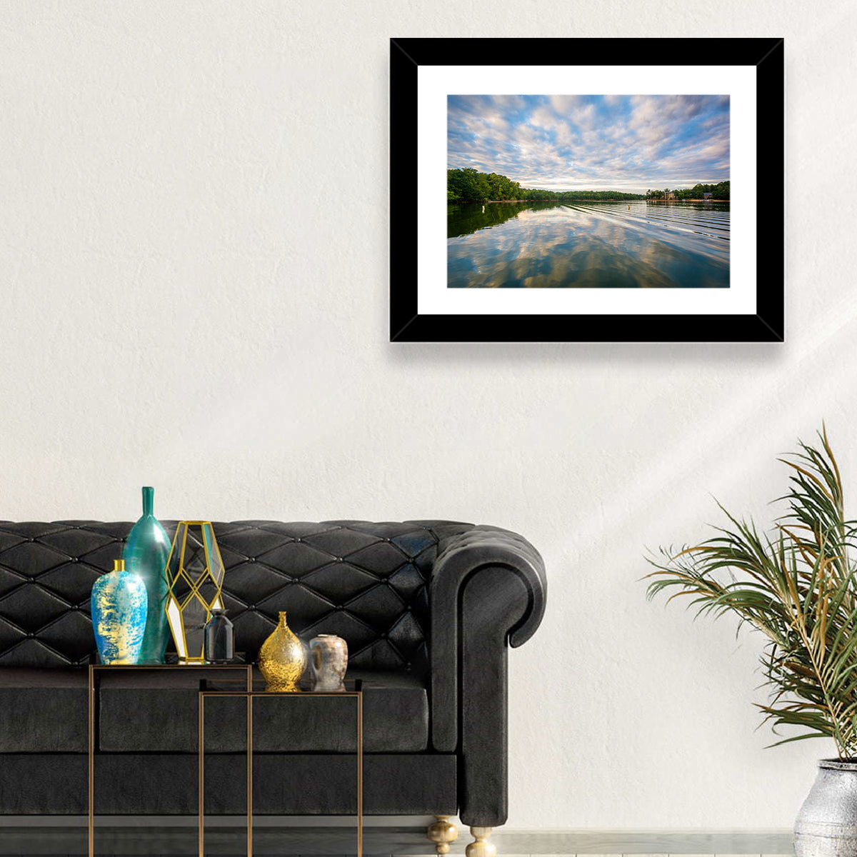 Cloudy Lake Norman Landscape Wall Art in a room, landscape
