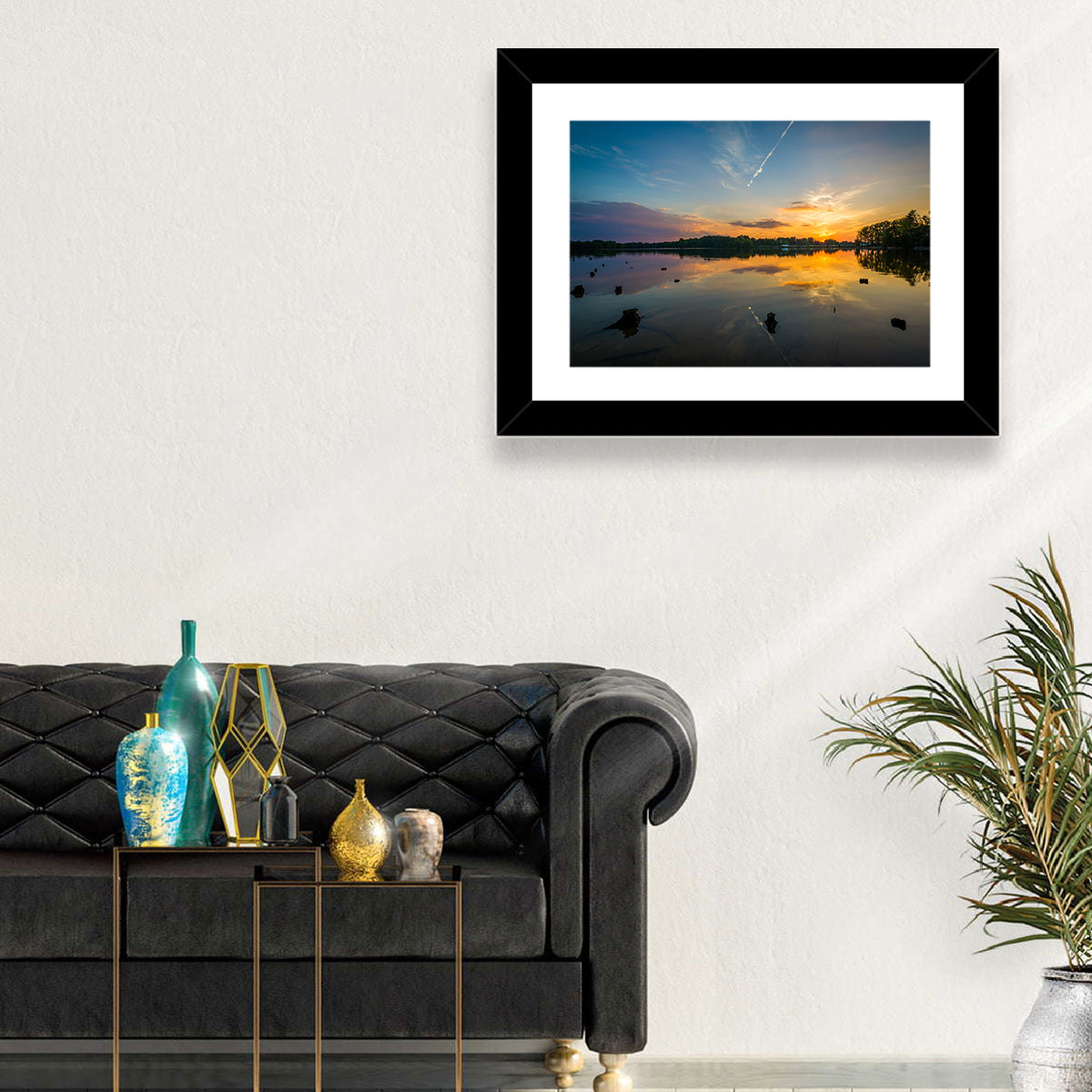 Lake Norman Sunset Reflection Wall Art in a room, landscape