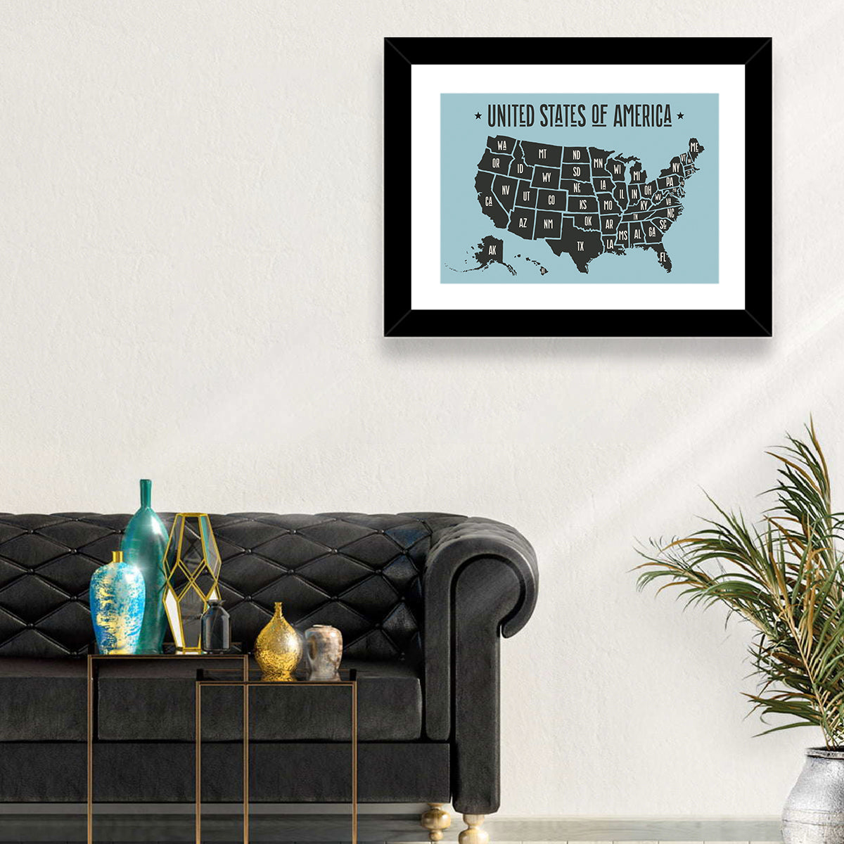 Minimalist USA Map with State Abbreviations Wall Art