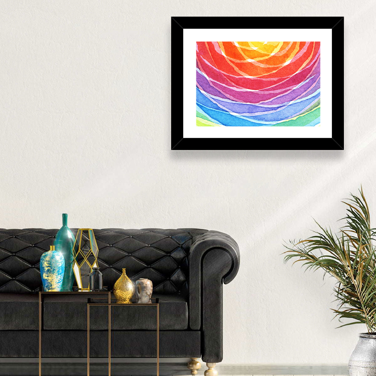 Radiant Rainbow Watercolor Arcs Wall Art in a room, landscape