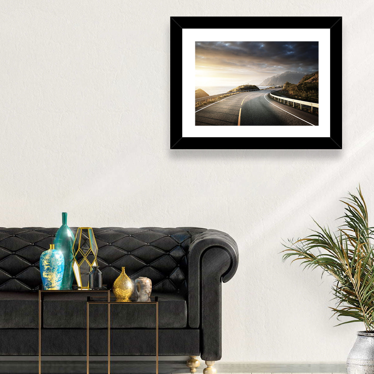 Golden Sunrise Coastal Road Wall Art in a room, landscape