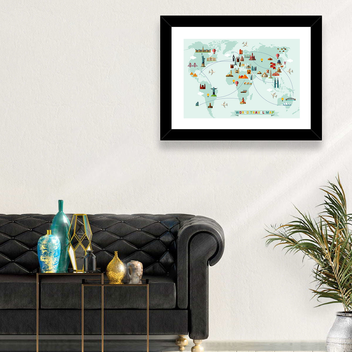 World Travel Map Illustration Wall Art in a room, landscape