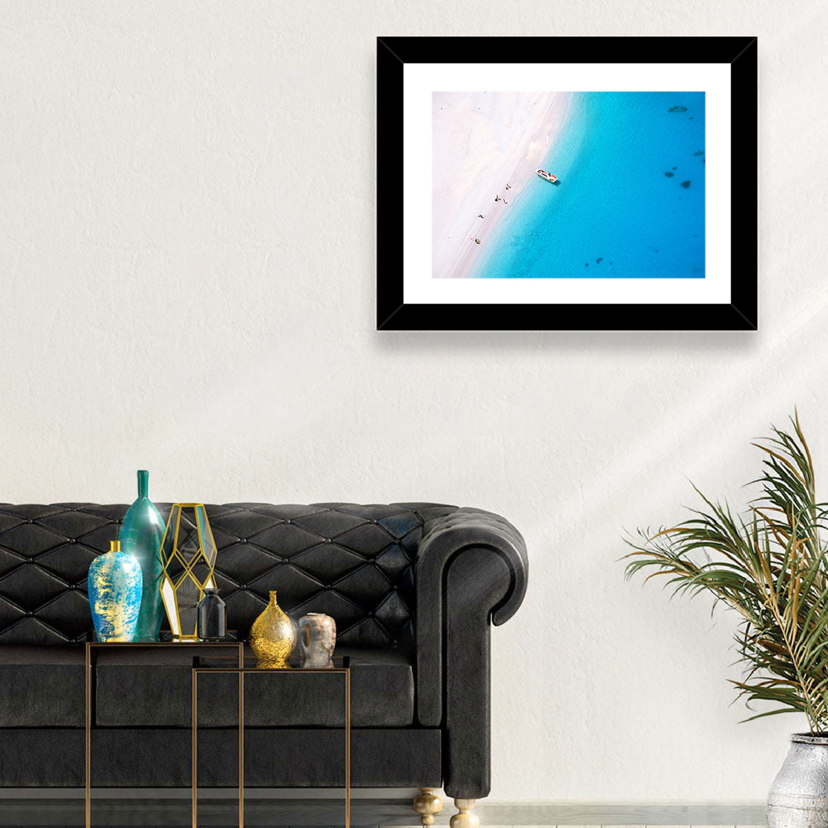 Aerial Beach Bay with White Boat Wall Art in a room, landscape