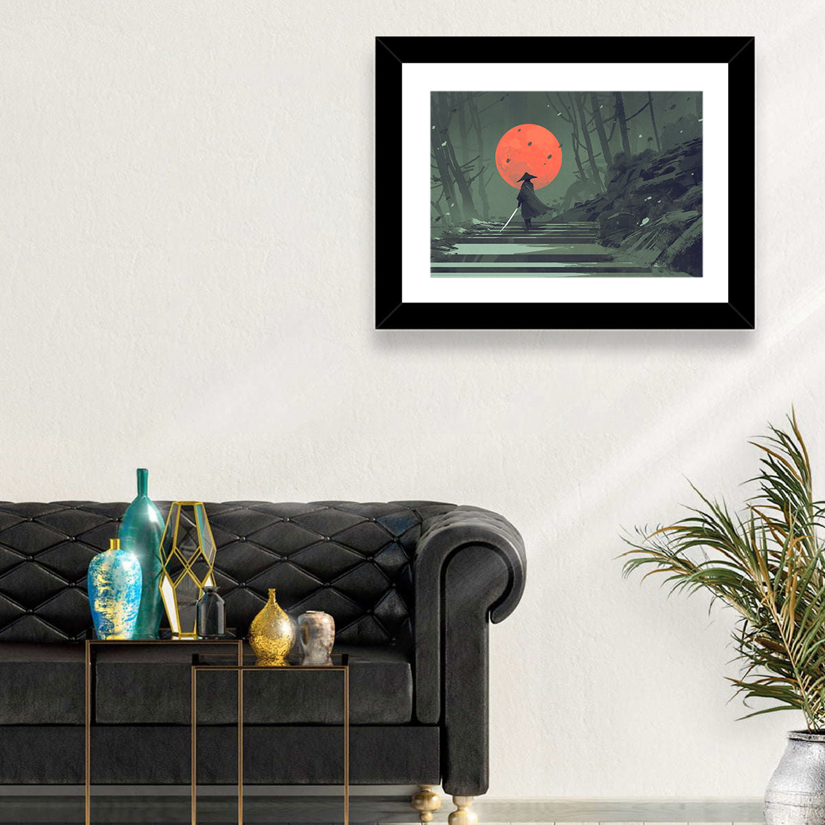 Samurai Under Red Moon Wall Art in a room, landscape