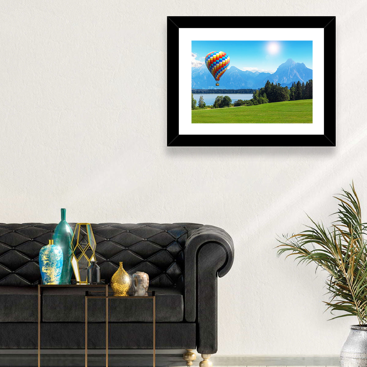 Bavarian Lake with Hot Air Balloon Wall Art in a room, landscape