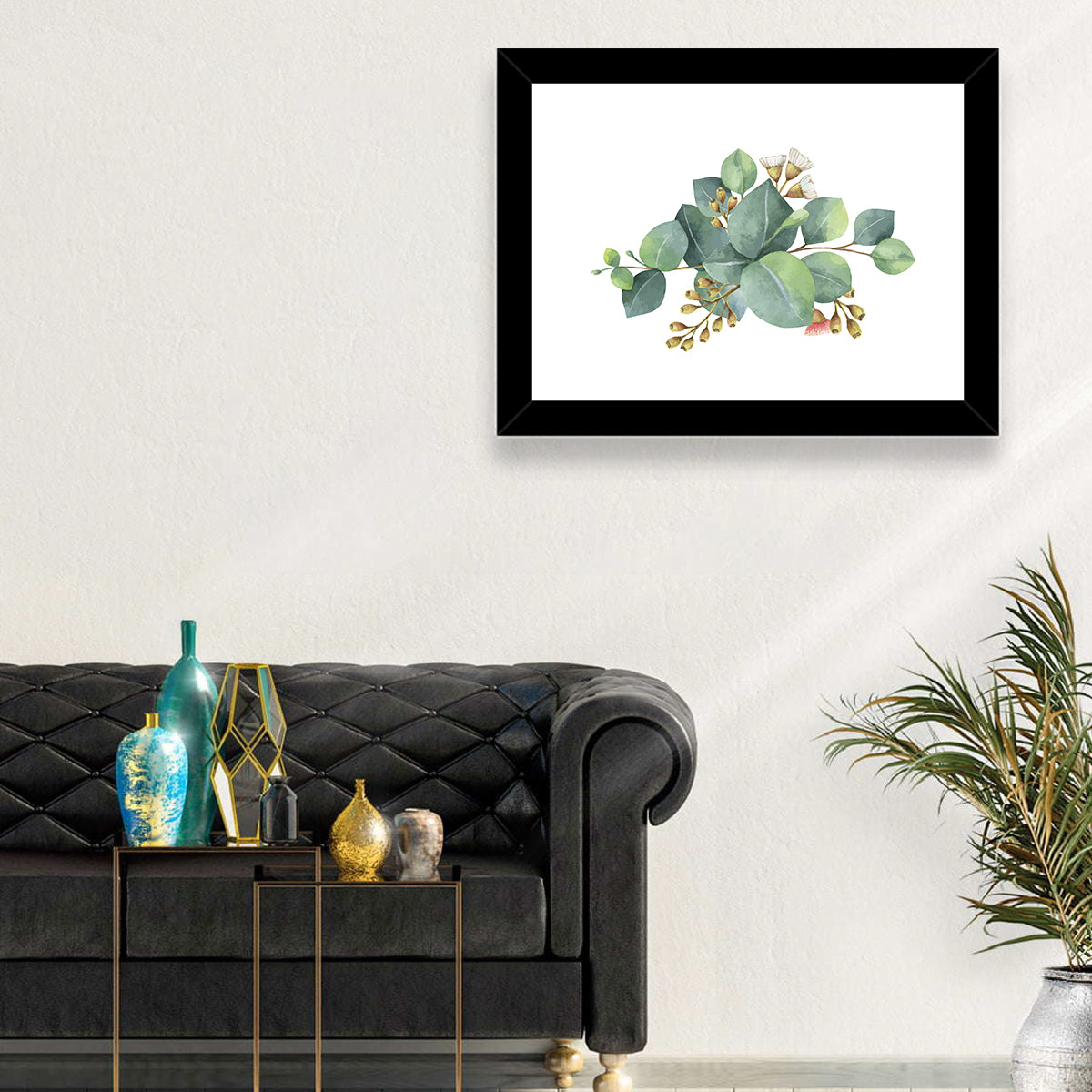Eucalyptus Leaves with Pink Blossom Wall Art in a room, landscape