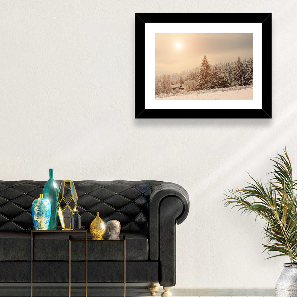 Snowy Pine Forest at Golden Hour Wall Art