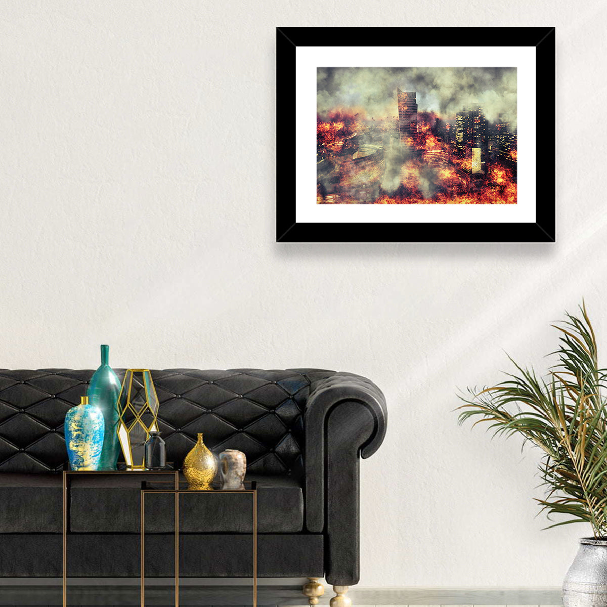 Warsaw Spire Burning City Abstract Wall Art in a room, landscape