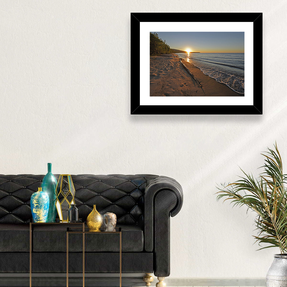Lake Superior Driftwood Beach Sunset Wall Art in a room, landscape