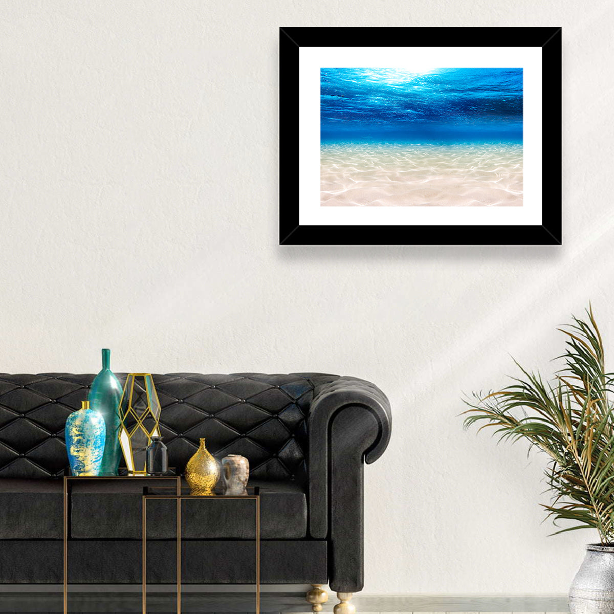 Sunlit Sandy Seabed Wall Art in a room, landscape