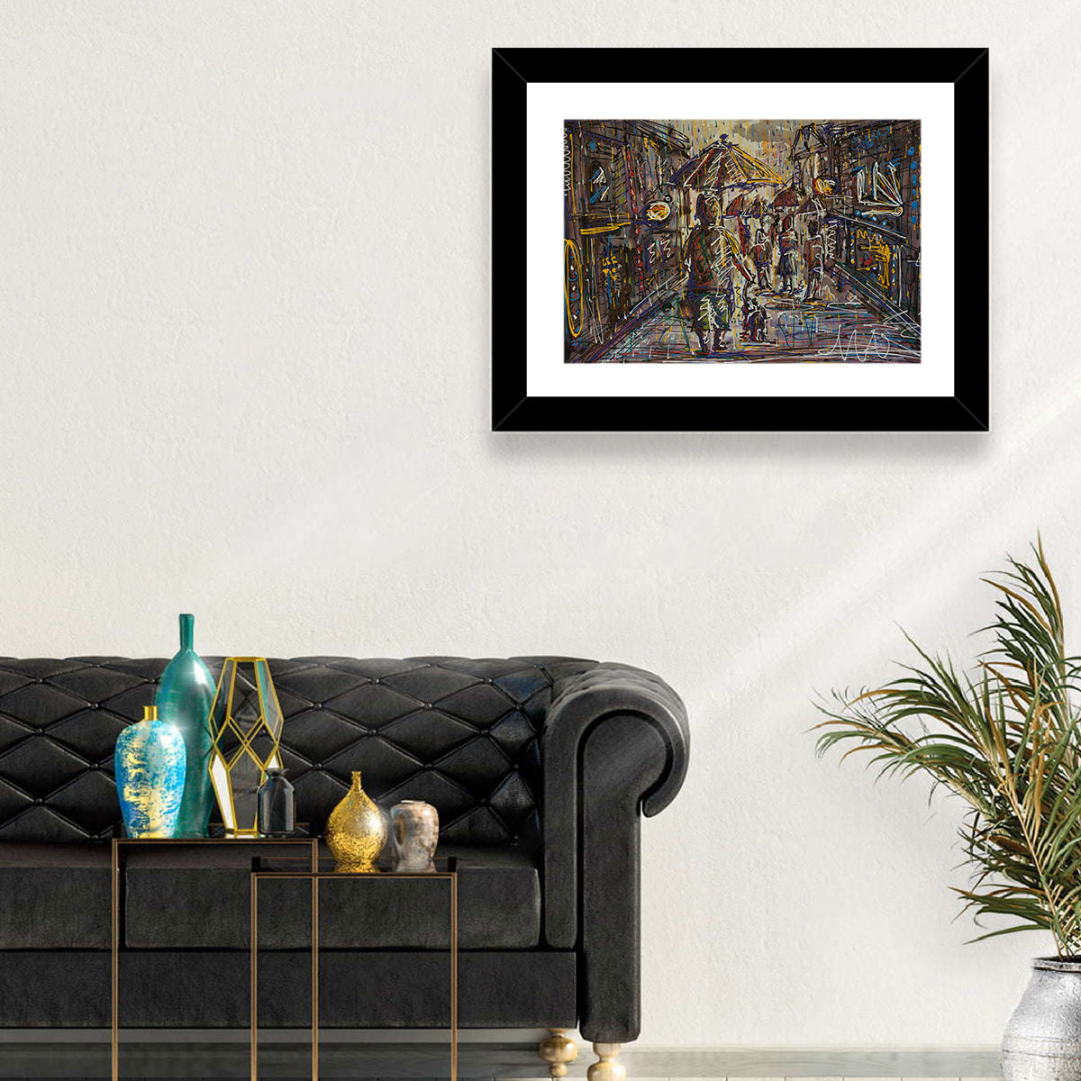 Rainy City Street Wall Art in a room, landscape