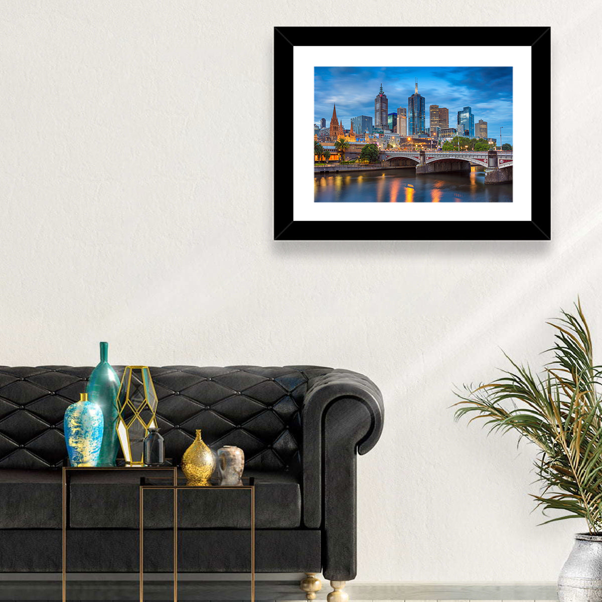 Melbourne Blue Hour Skyline Wall Art in a room, landscape