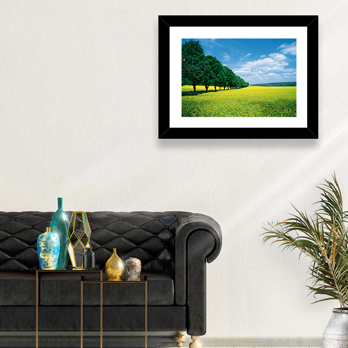 Spring Field of Yellow Flowers Wall Art in a room, landscape