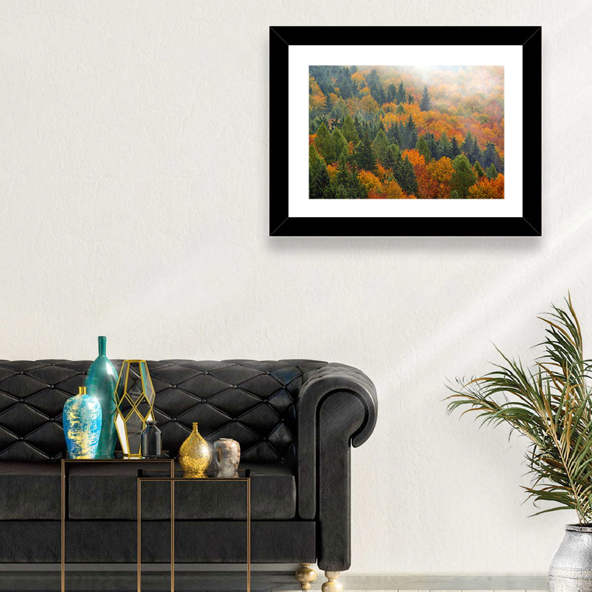 Misty Autumn Forestscape Wall Art in a room, landscape
