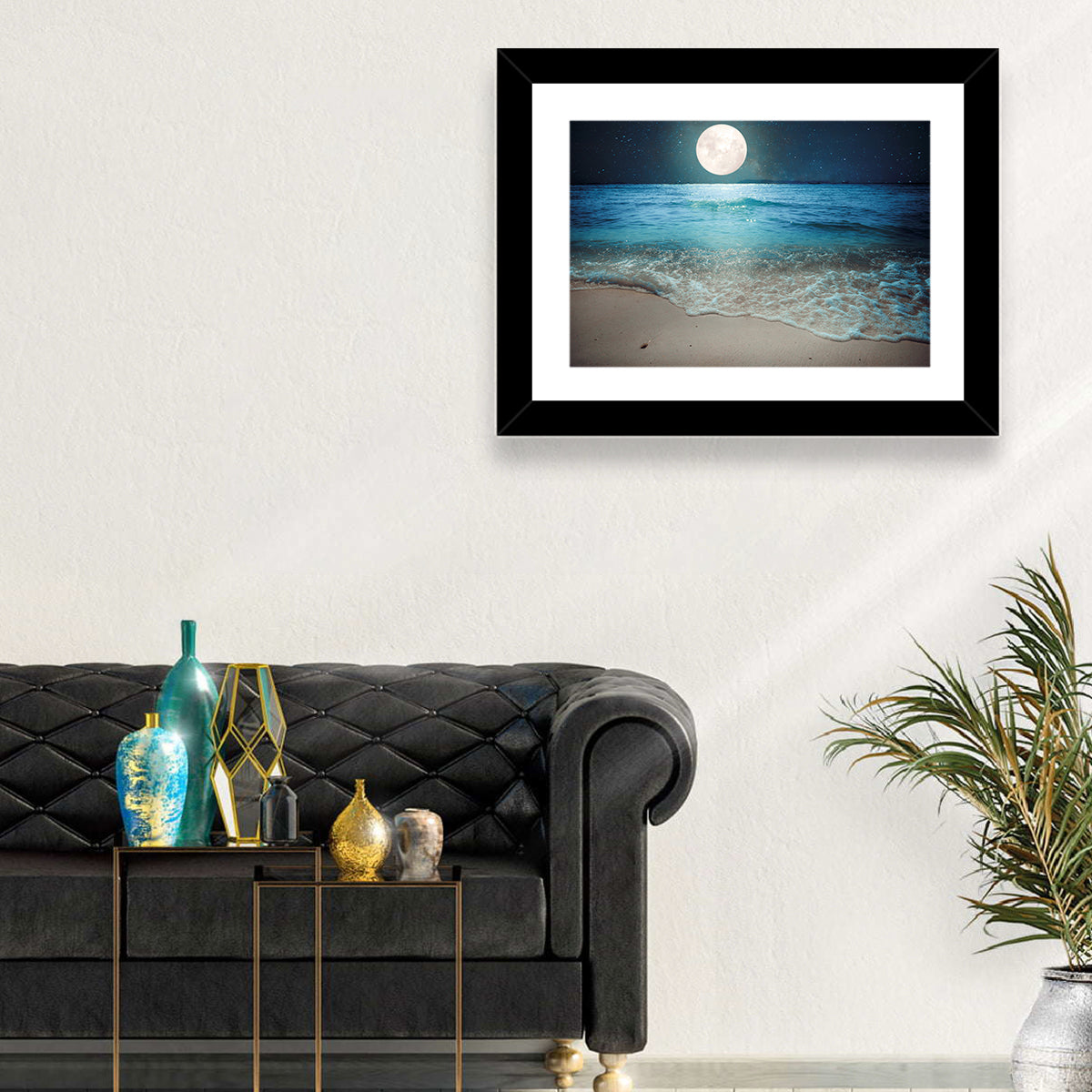Full Moon Over Beach Wall Art in a room, landscape