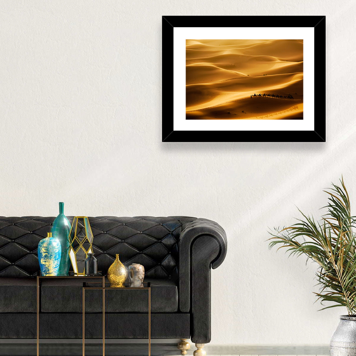 Golden Hour Camel Caravan Wall Art in a room, landscape