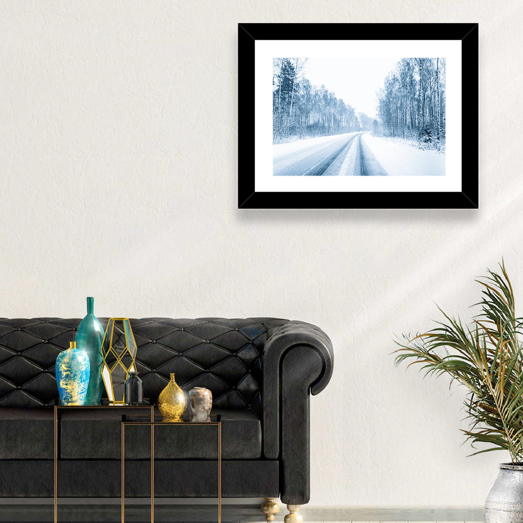 Tire Tracks on Snowy Road Wall Art