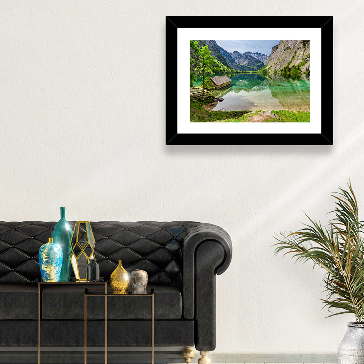Obersee Boathouse Reflection Wall Art in a room, landscape
