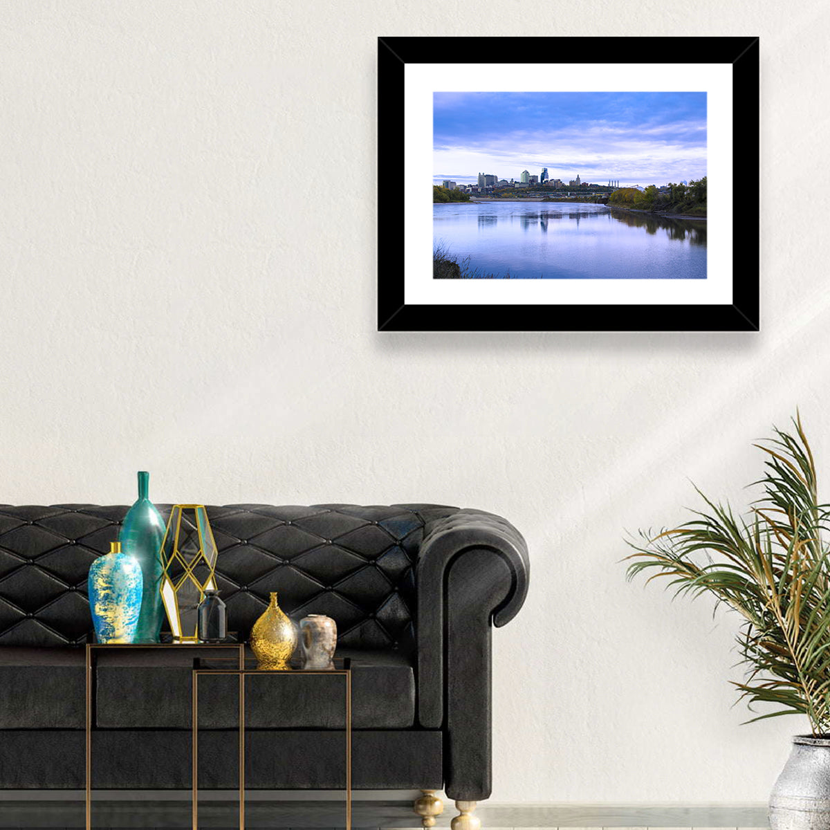 Kansas City Skyline at Dusk Wall Art in a room, landscape