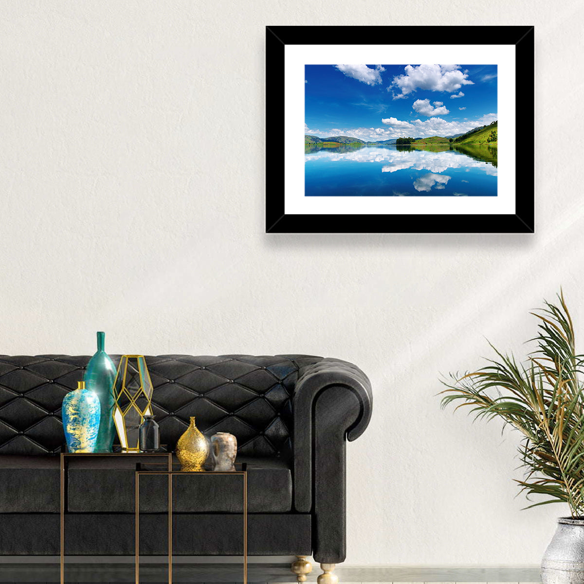 Bunyonyi Lake Reflection Wall Art in a room, landscape