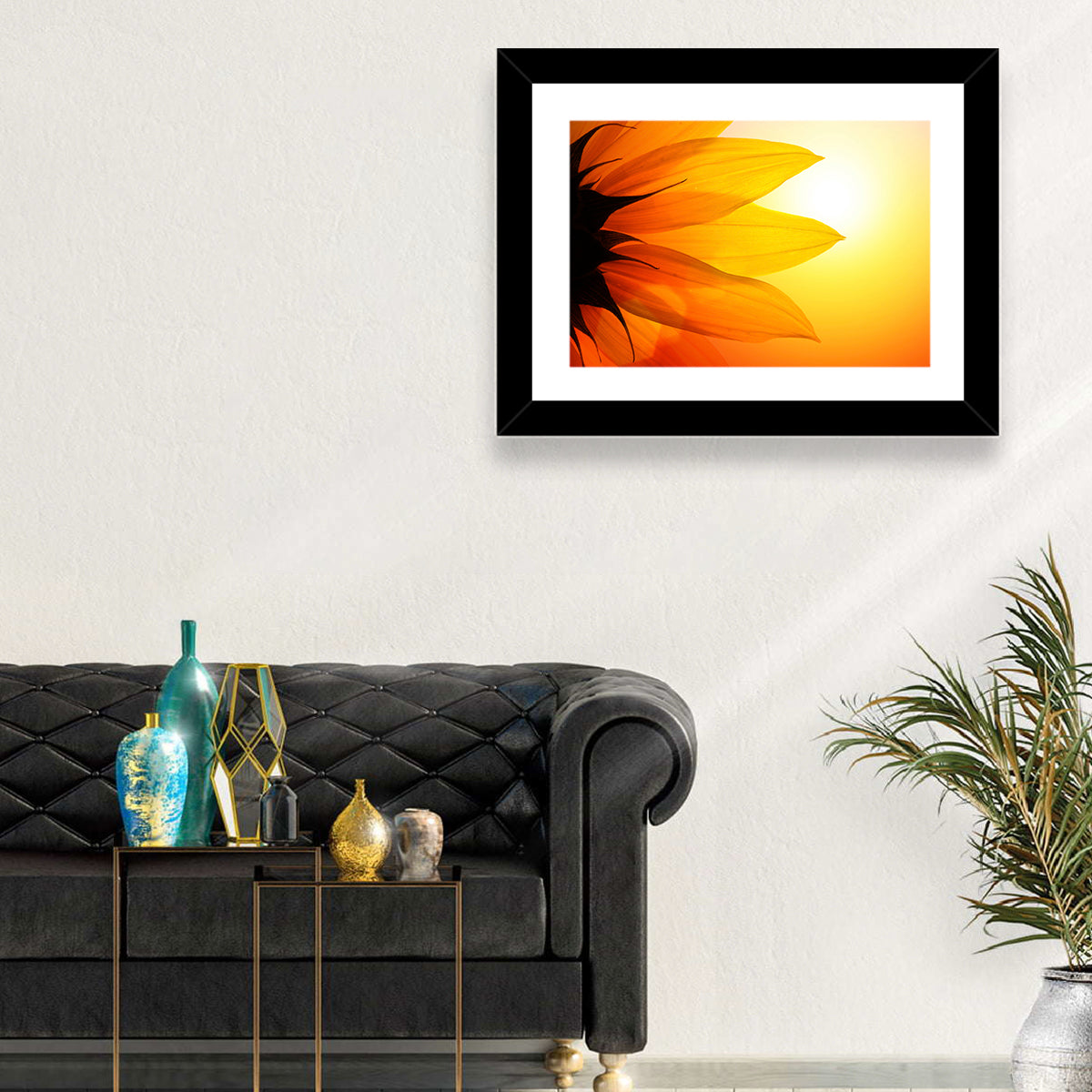 Backlit Sunflower Petals Wall Art in a room, landscape