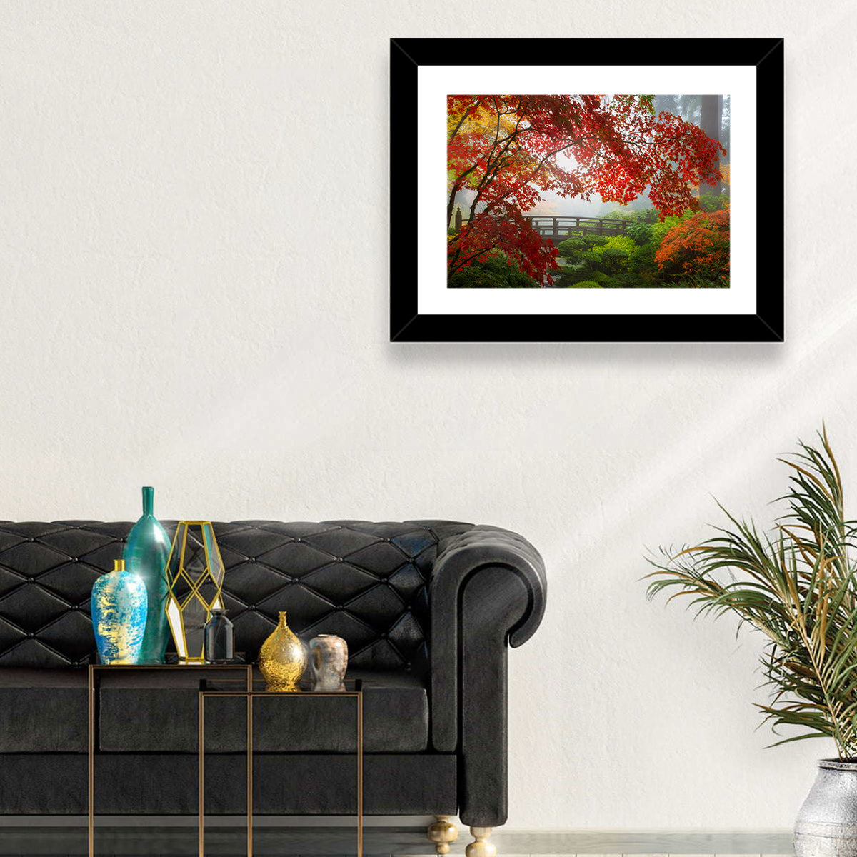Portland Moon Bridge in Autumn Mist Wall Art in a room, landscape