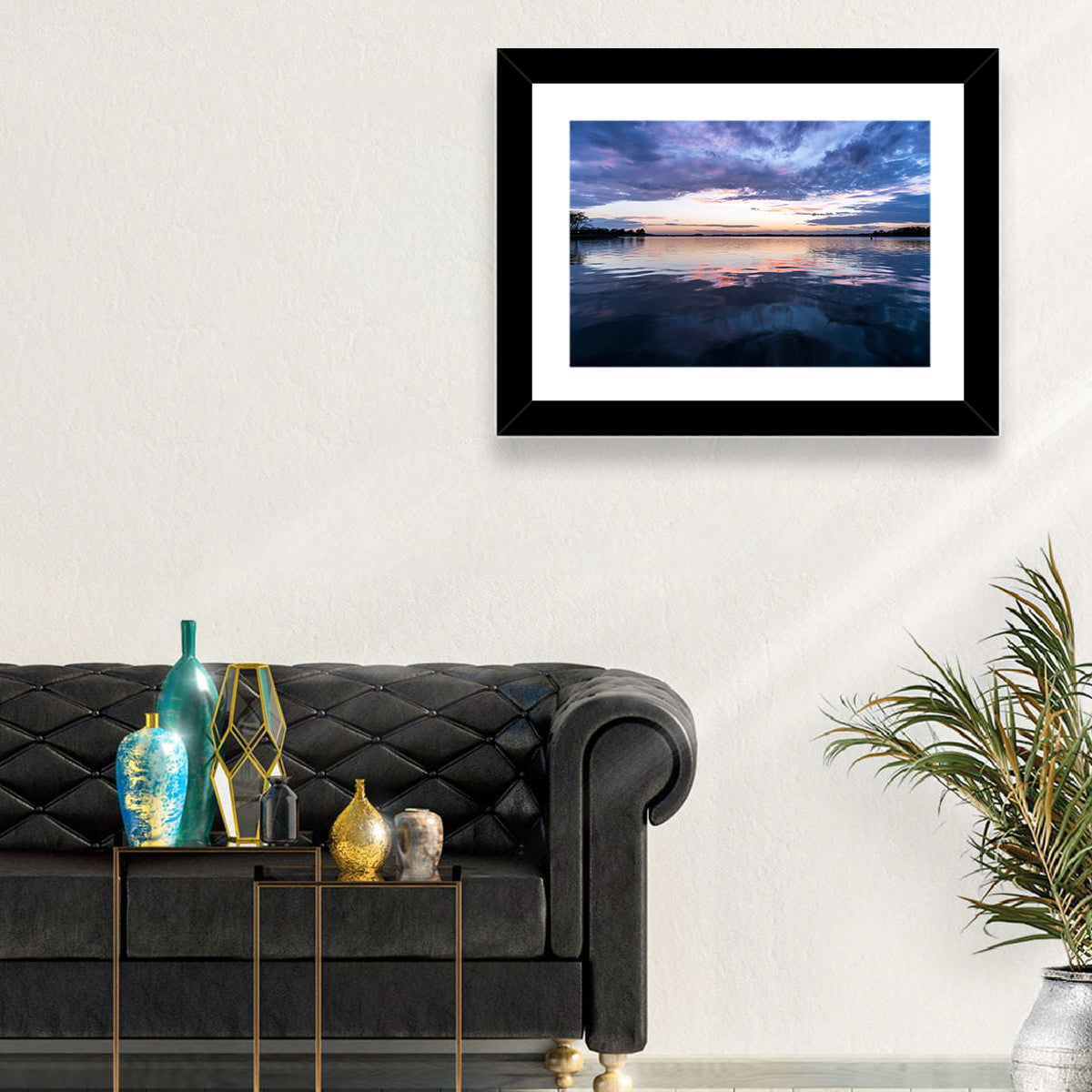 Lake Norman Sunset Reflection Wall Art in a room, landscape