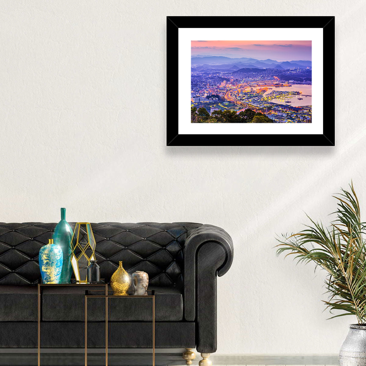 Sasebo Downtown Twilight Harbor Wall Art in a room, landscape