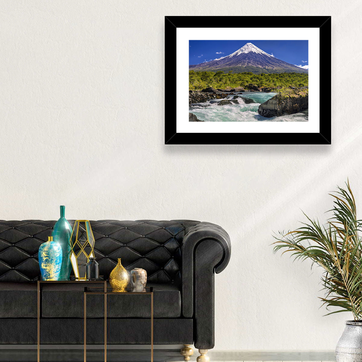 Osorno Volcano Over Petrohue Rapids Wall Art in a room, landscape
