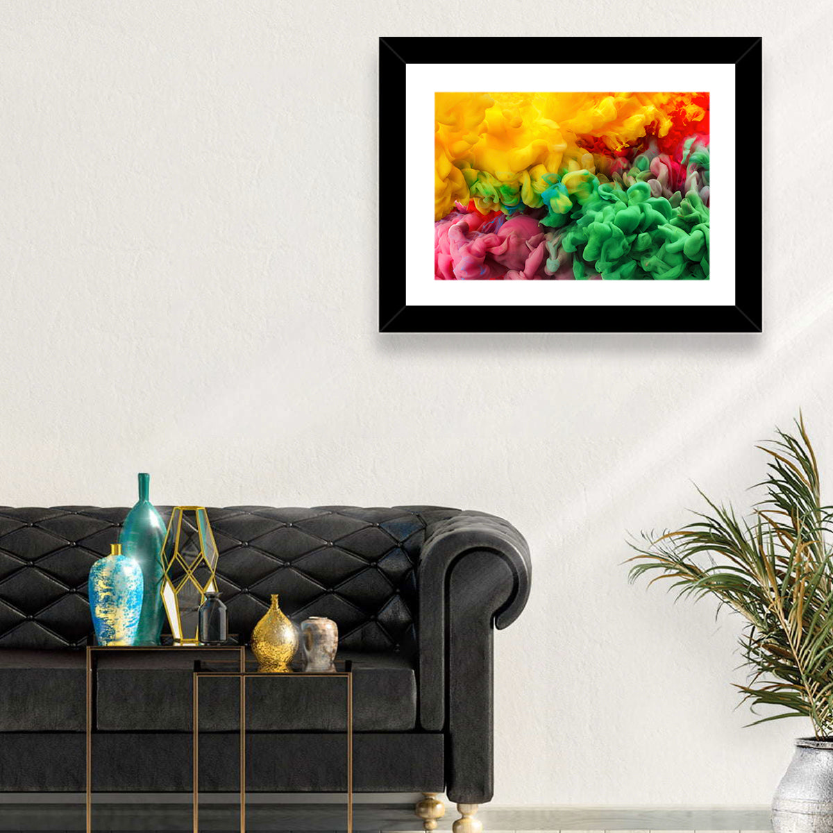 Vibrant Underwater Ink Cloud Abstract Wall Art in a room, landscape