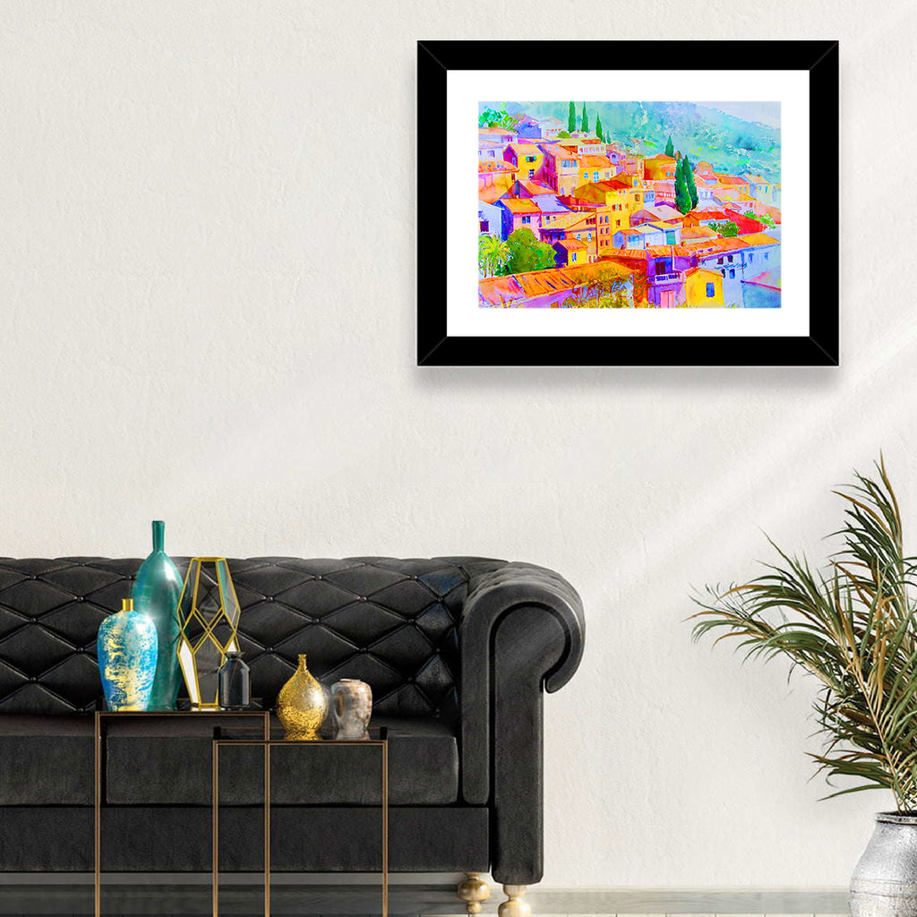 Mediterranean Hillside Watercolor Village Wall Art