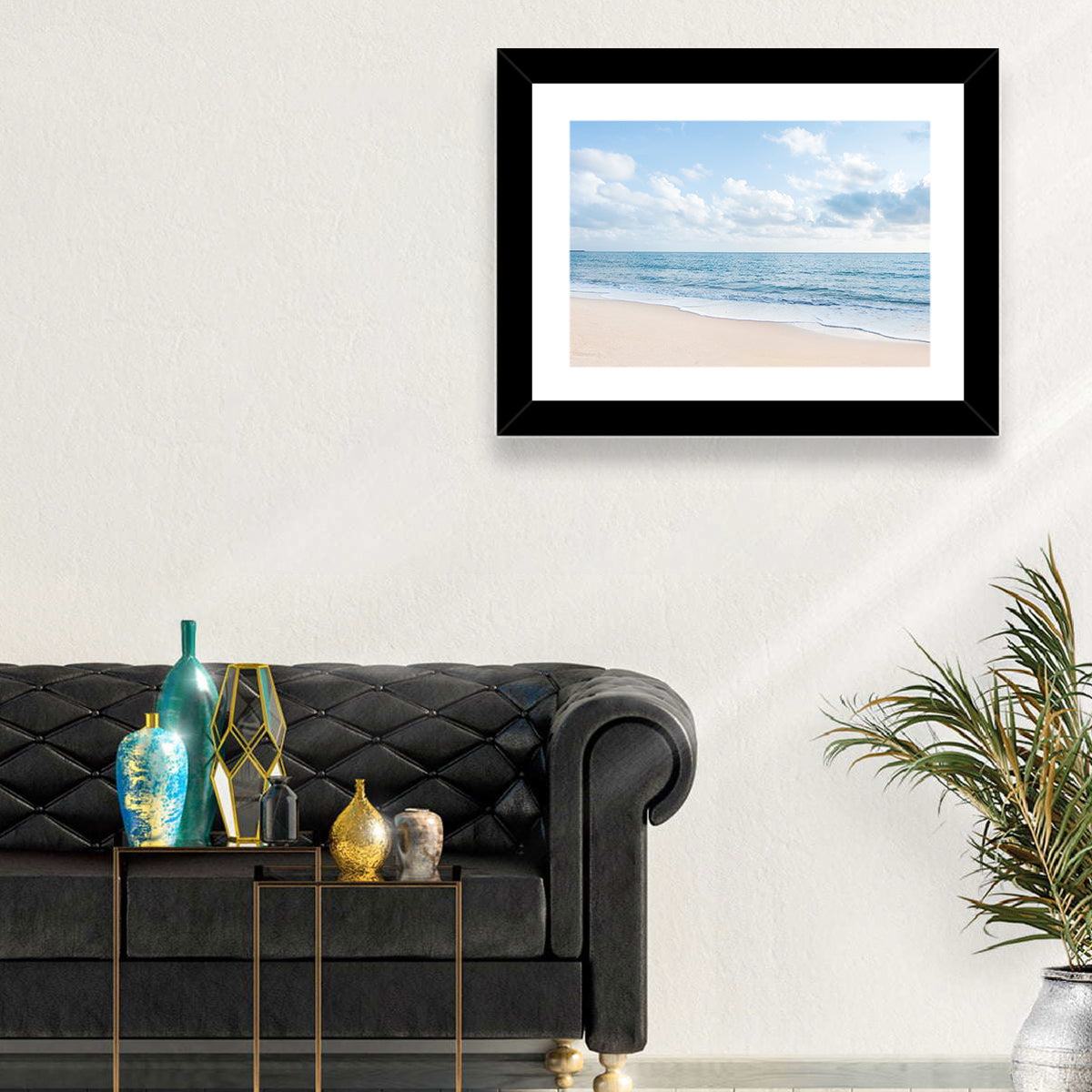 Minimalist Sandy Beach and Gentle Waves Wall Art in a room, landscape