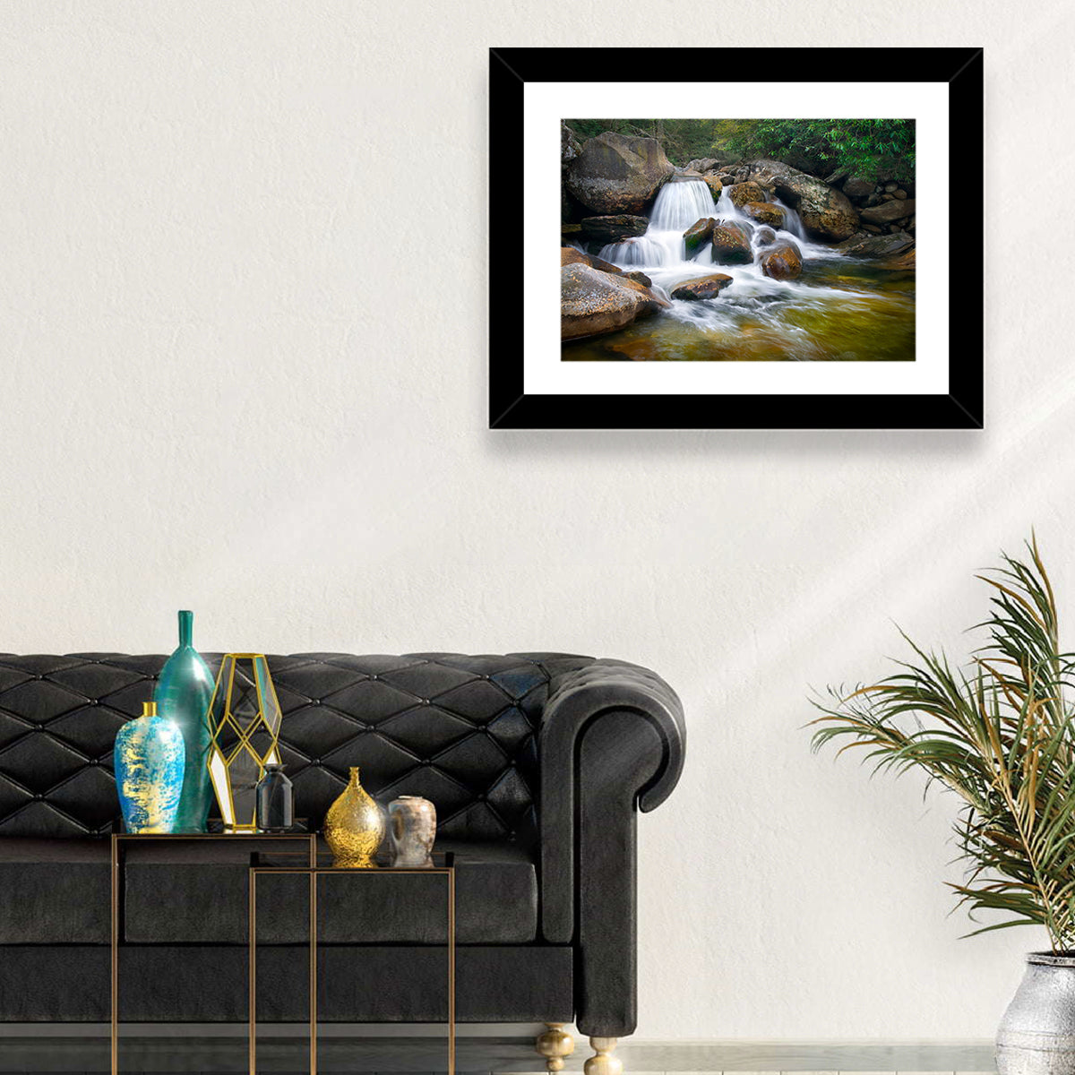 Blue Ridge Mossy Waterfall Wall Art in a room, landscape