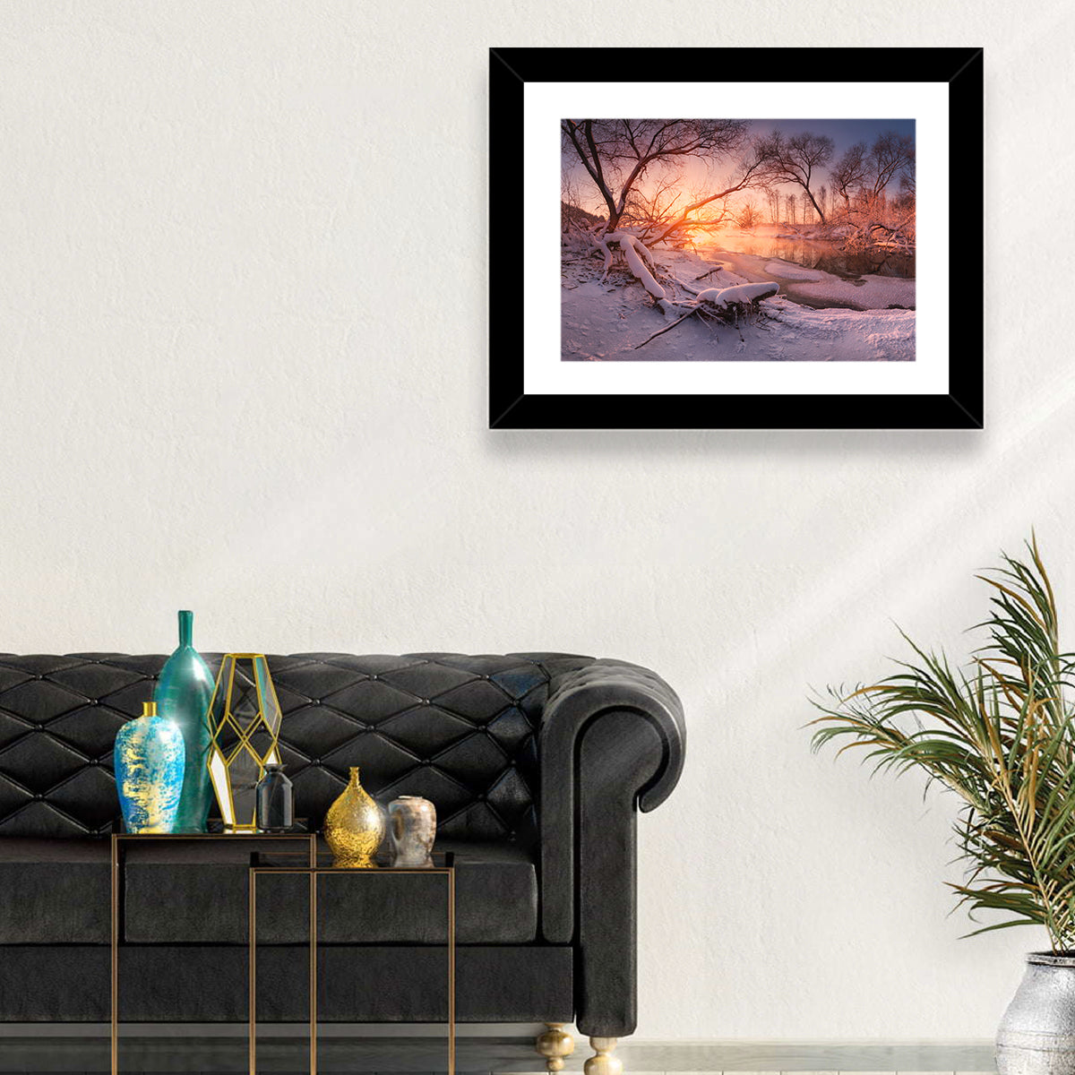 Sunset Over Snowy Forest Lake Wall Art in a room, landscape