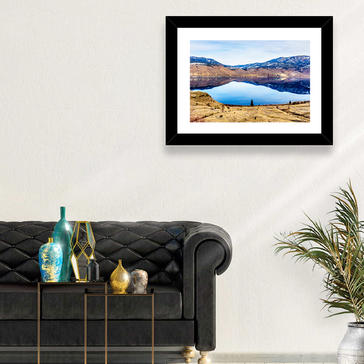 Kamloops Lake Sunset with Snow Capped Peaks Wall Art in a room, landscape