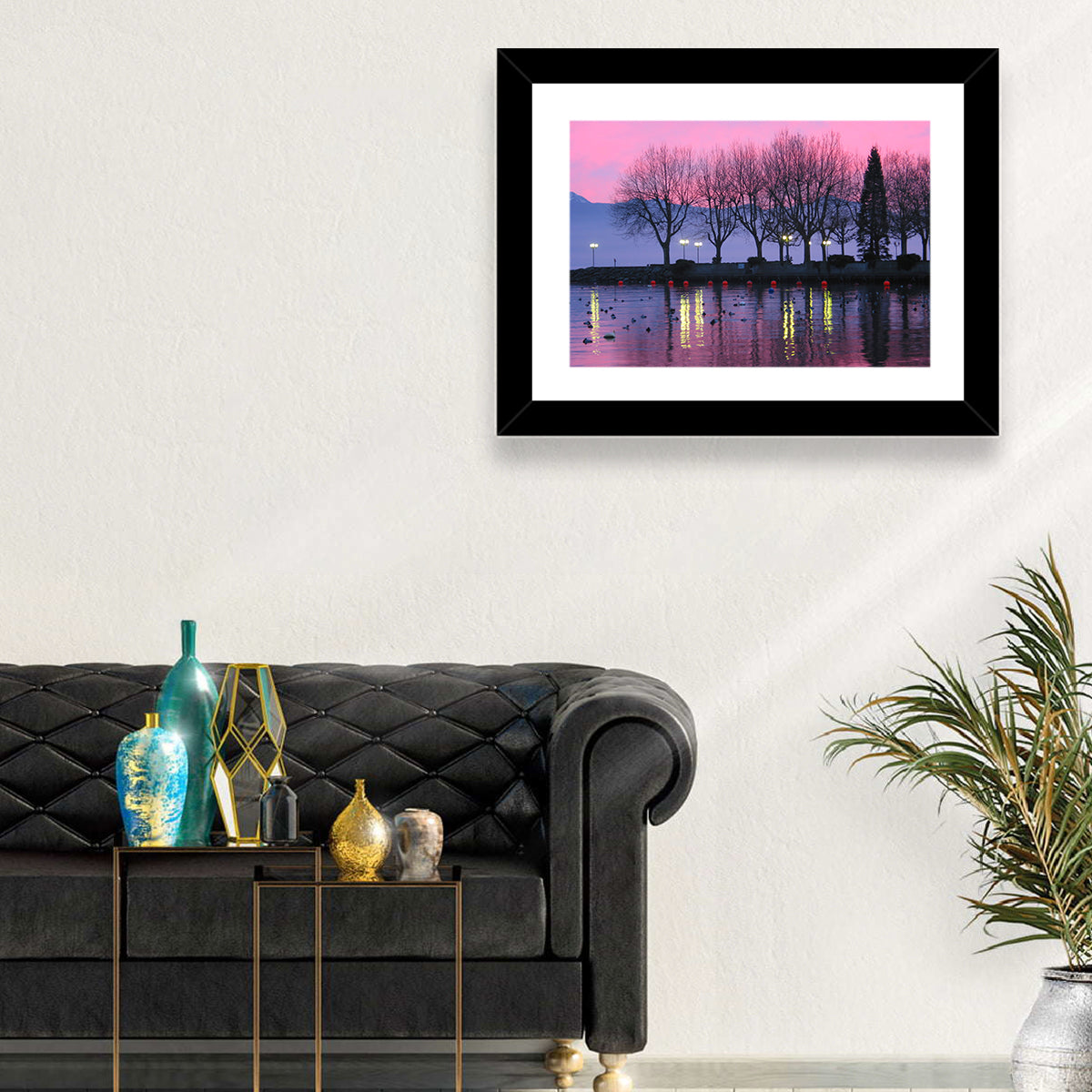 Lake Geneva Twilight Wall Art in a room, landscape
